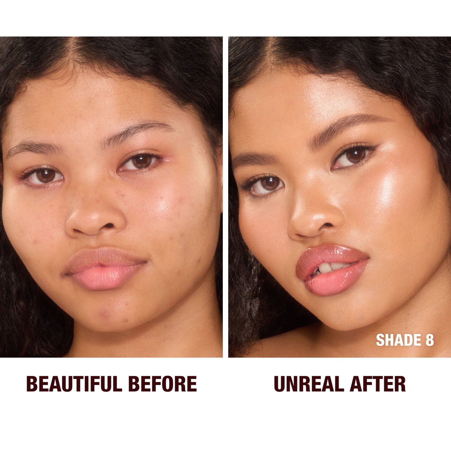 Before and after results of using Charlotte Tilbury Unreal Skin Sheer Glow Tint Hydrating Foundation Stick variant: 8 Medium