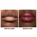 Side-by-side comparison of bare lips labeled BEAUTIFUL BEFORE and lips coated in a deep berry K.I.S.S.I.N.G Lipstick and Lip Gloss Duo labeled BEAUTIFUL AFTER.