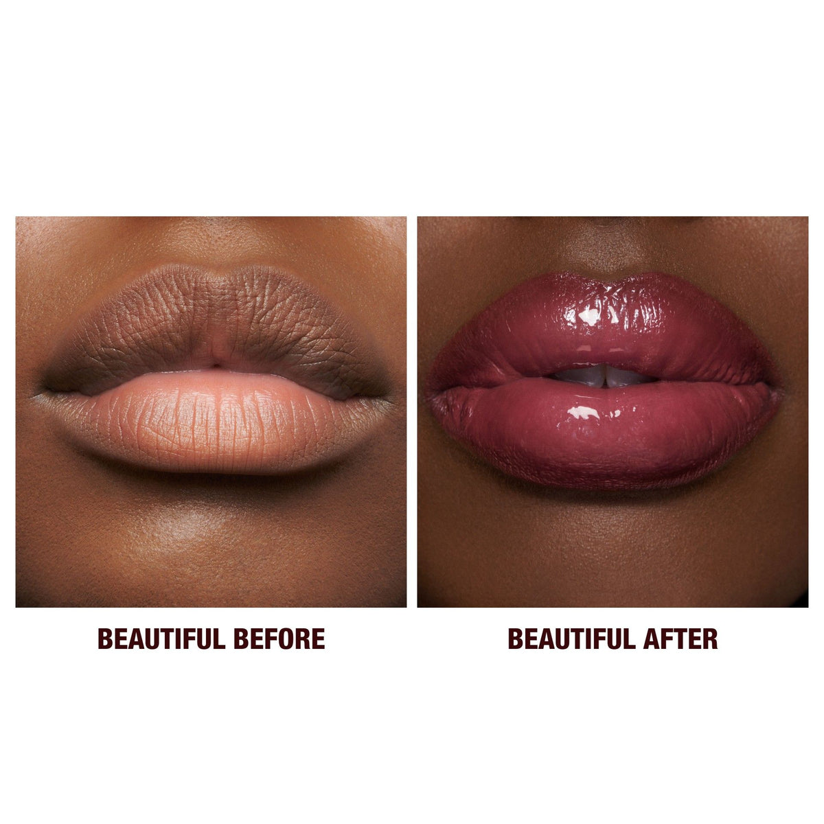 Side-by-side comparison of bare lips labeled BEAUTIFUL BEFORE and lips coated in a deep berry K.I.S.S.I.N.G Lipstick and Lip Gloss Duo labeled BEAUTIFUL AFTER.