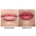 Before-and-after comparison showing bare lips on the left and a glossy berry-colored K.I.S.S.I.N.G Lipstick and Lip Gloss Duo on the right.