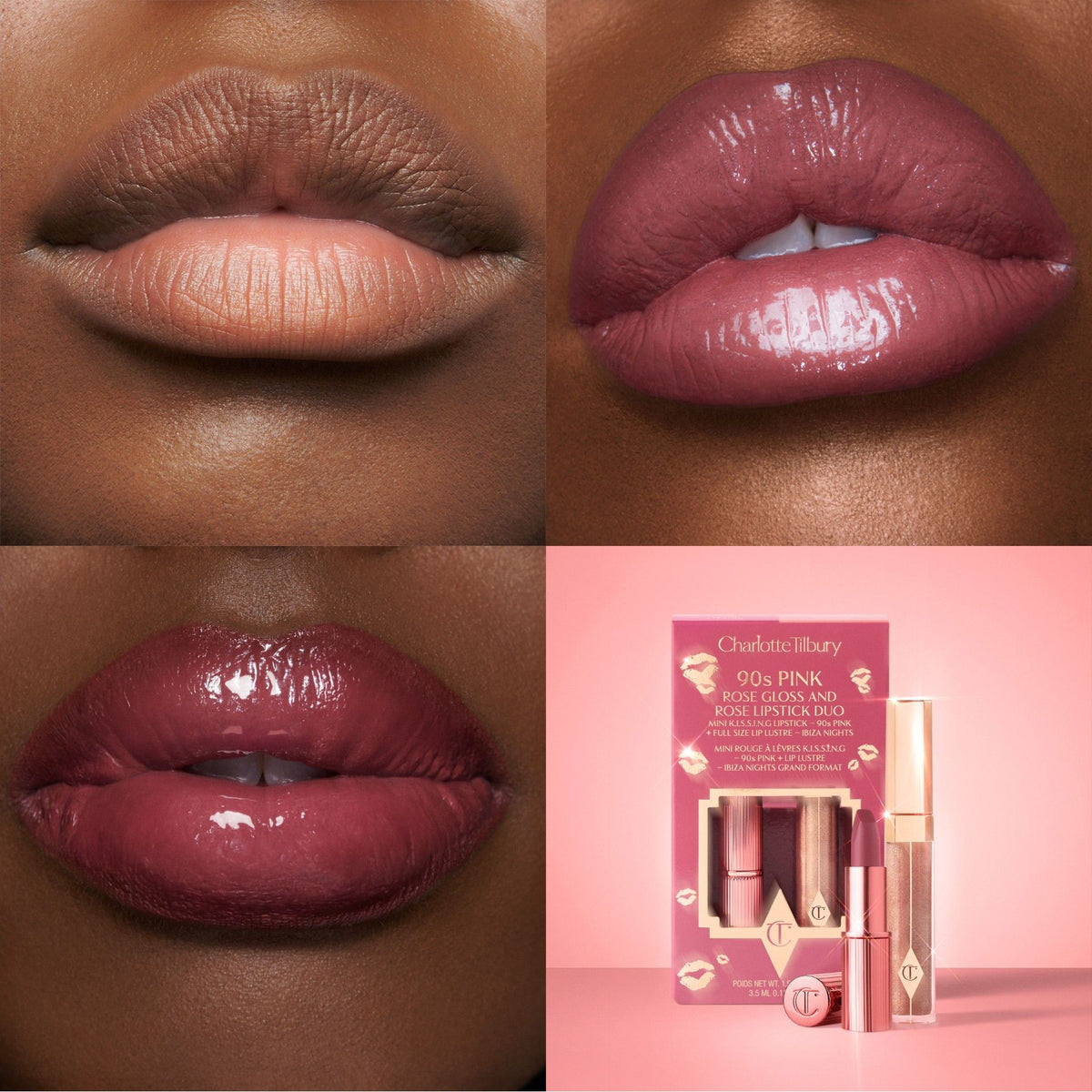 A collage showing bare lips, lips wearing dusty rose lipstick, lips wearing deep berry gloss, and a boxed Charlotte Tilbury K.I.S.S.I.N.G Lipstick and Lip Gloss Duo.