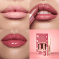 A collage showing bare lips, matte lipstick, glossy lipstick, and the Charlotte Tilbury K.I.S.S.I.N.G Lipstick and Lip Gloss Duo set.