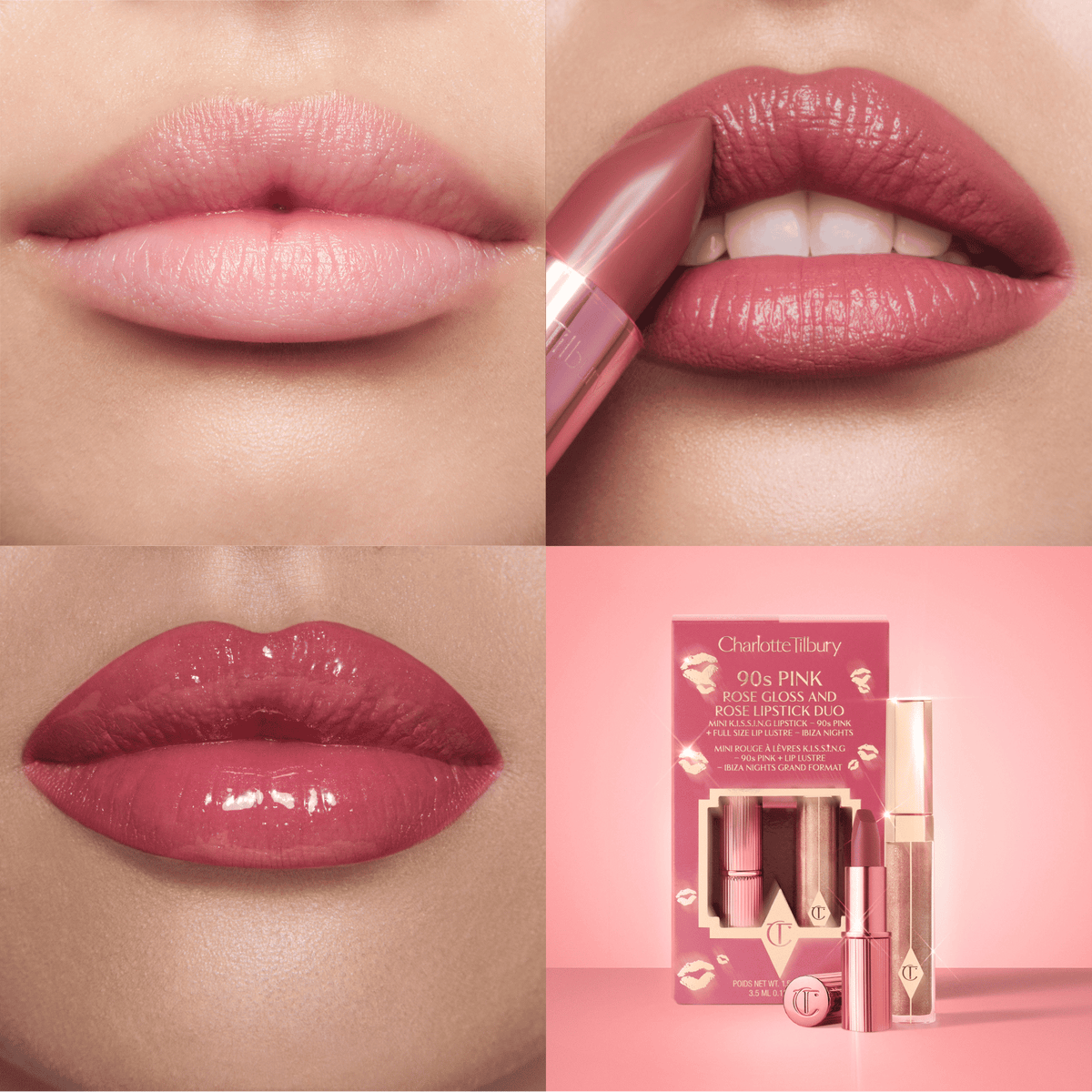 A collage showing bare lips, matte lipstick, glossy lipstick, and the Charlotte Tilbury K.I.S.S.I.N.G Lipstick and Lip Gloss Duo set.
