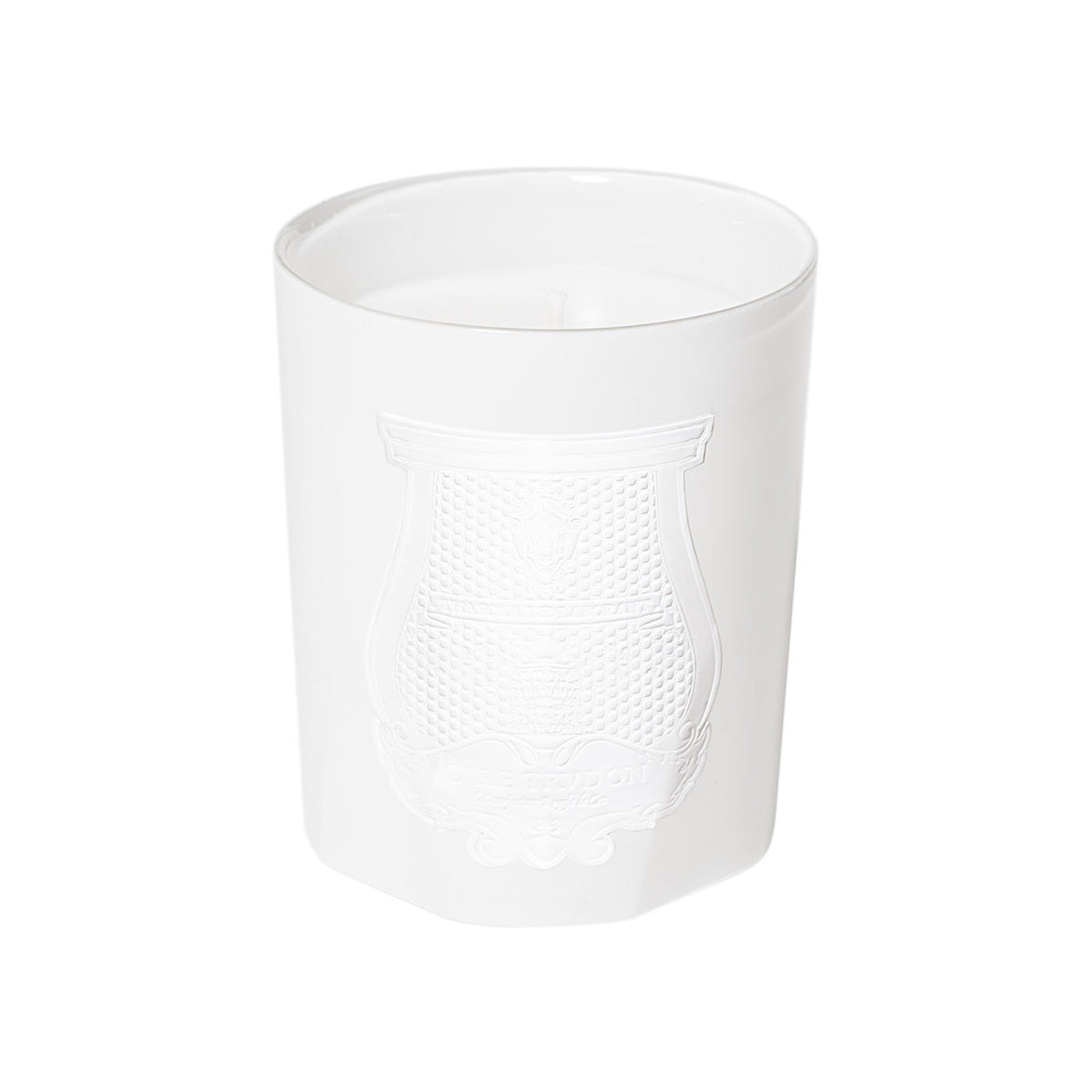 White glass Giambattista Valli Candle jar with an embossed emblem on the front, featuring Rose Poivrée scent.