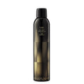 A tall, cylindrical black Oribe Freestyler Working Hairspray for Light Brushable Hold bottle with a black cap, a gold geometric pattern at the base, and an ultra-fine mist nozzle.