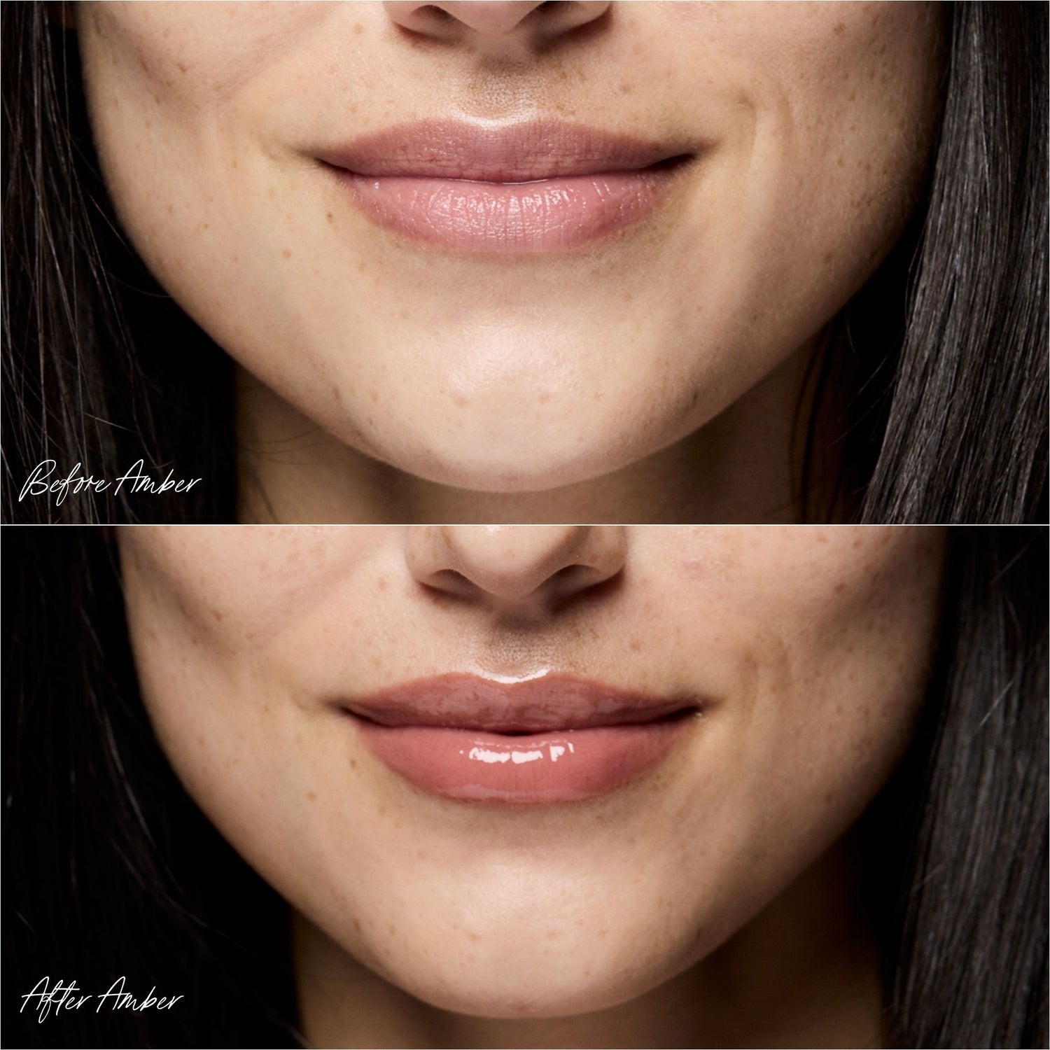 Before and after results of using RMS Beauty Legendary Lip Oil variant: Amber