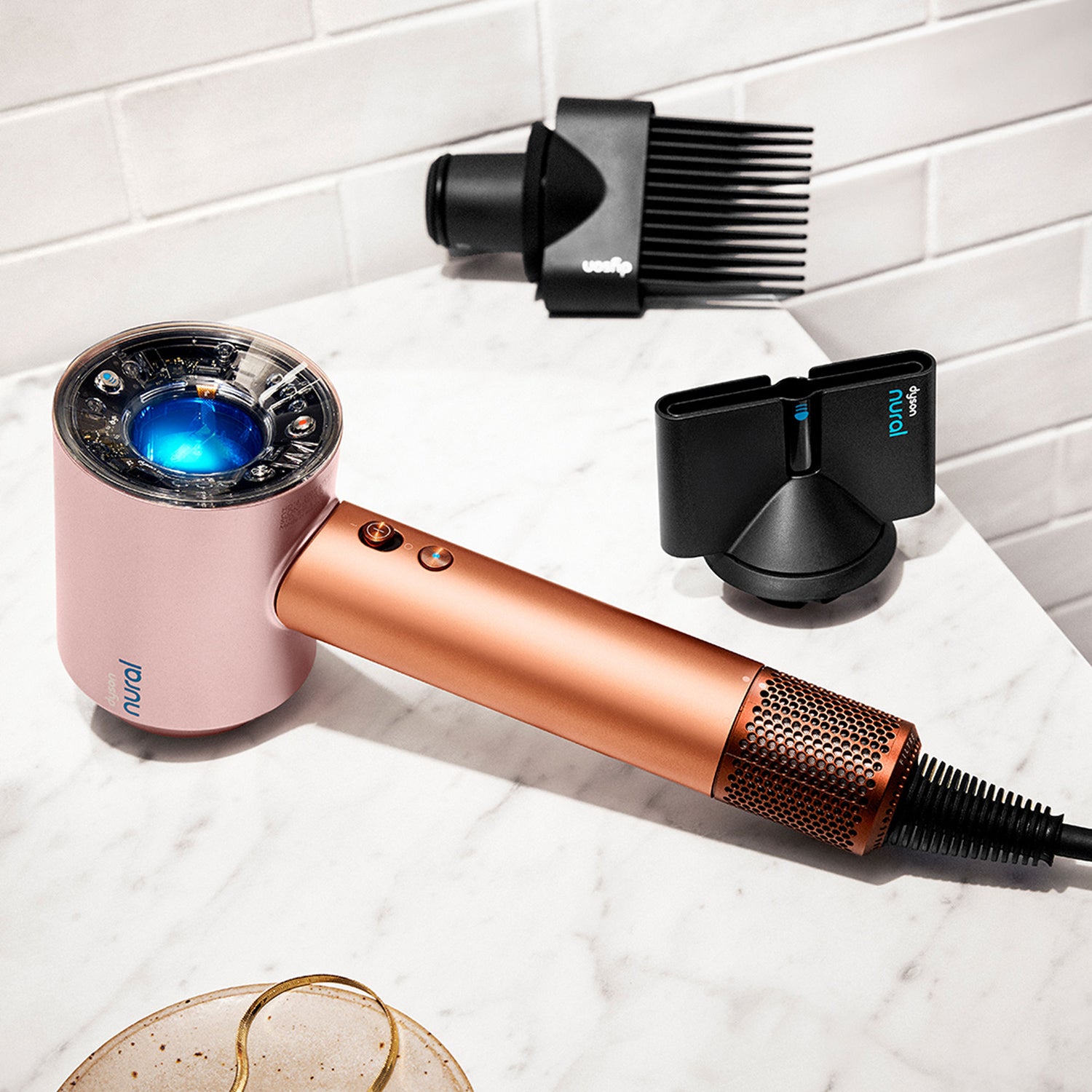 Lifestyle image of Dyson Supersonic Nural Hair Dryer variant: Amber Silk (Limited Edition)