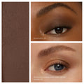 A dark brown ColorLuxe Eye Shadow Stick cream-to-powder swatch next to two close-up photos of eyes showing the makeup applied to the lid, crease, and outer corner.