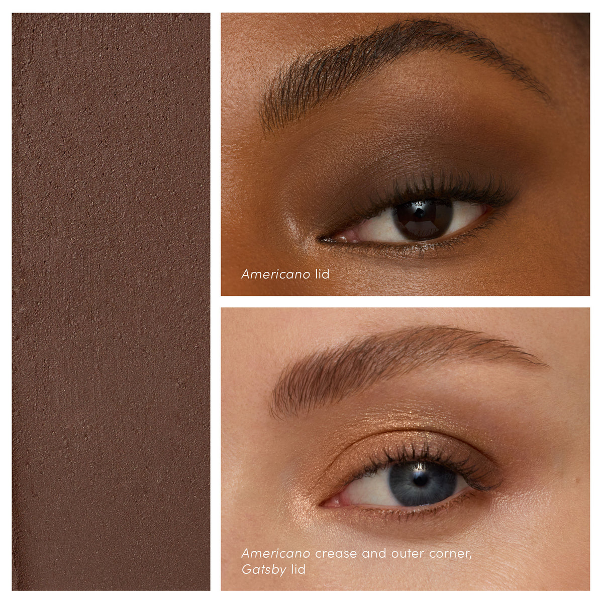 A dark brown ColorLuxe Eye Shadow Stick cream-to-powder swatch next to two close-up photos of eyes showing the makeup applied to the lid, crease, and outer corner.