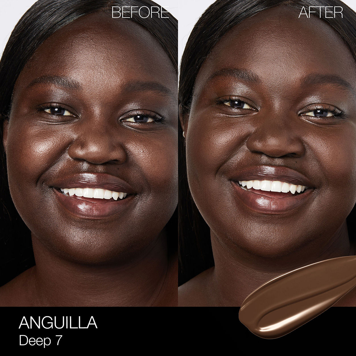Before and after results of using Nars Light Reflecting Foundation variant: Anguilla D7