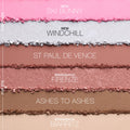 The Nars Après Ski Cheek & Eye Palette features six horizontal rows of powder makeup in an alpine-inspired palette, labeled Ski Bunny, Windchill, St Paul De Vence, Firenze, Ashes To Ashes, and Biarritz.