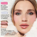 The Nars Après Ski Cheek & Eye Palette is shown with its pink blush, pale blue highlighter, and four eyeshadow shades, alongside a close-up of a person wearing the makeup and instructional text for applying each product.