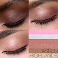 A collage showing three close-ups of closed eyelids with varying eyeshadow looks and a rectangular swatch of five horizontal colors in pink, white, tan, shimmer bronze, and deep brown from the Nars Après Ski Cheek & Eye Palette.