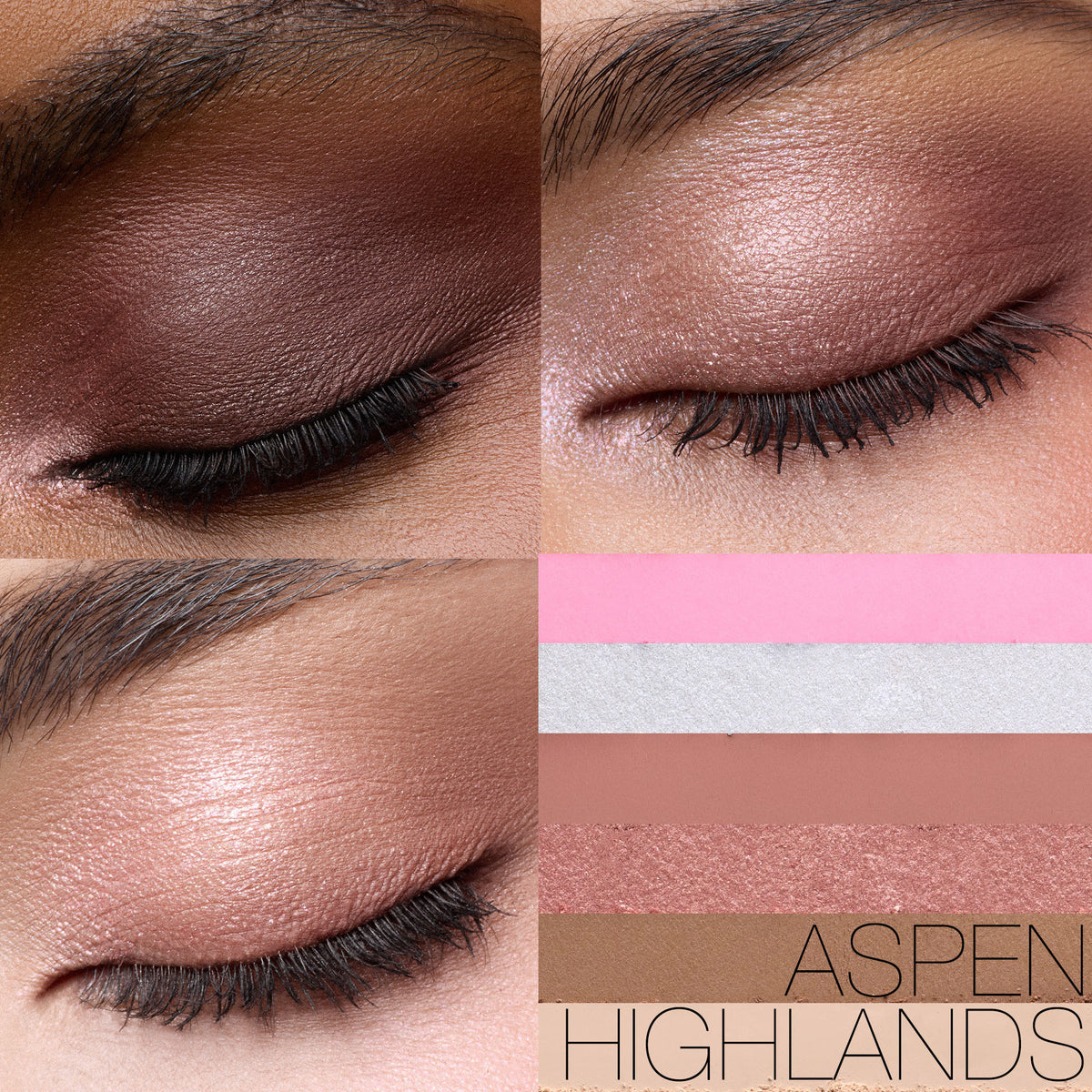 A collage showing three close-ups of closed eyelids with varying eyeshadow looks and a rectangular swatch of five horizontal colors in pink, white, tan, shimmer bronze, and deep brown from the Nars Après Ski Cheek & Eye Palette.