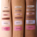 Swatches of six eyeshadow and blush shades in three different skin tones for the limited-edition Nars Après Ski Cheek & Eye Palette, each labeled with the shade name.