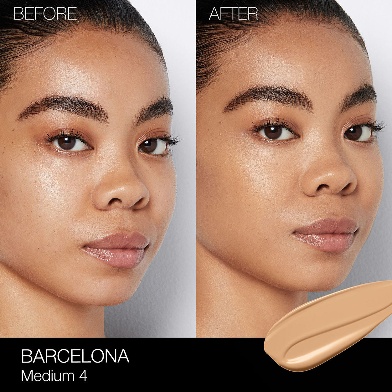 Before and after results of using Nars Light Reflecting Foundation variant: Barcelona M4