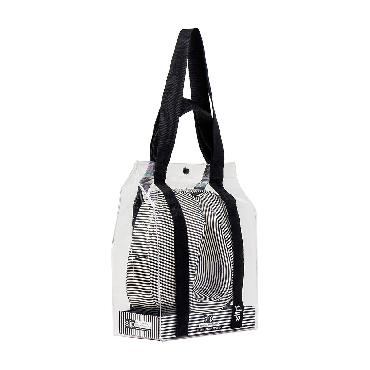 A black-and-white striped Slip Jet Setter Travel Pillow stored inside a clear, iridescent plastic tote bag.