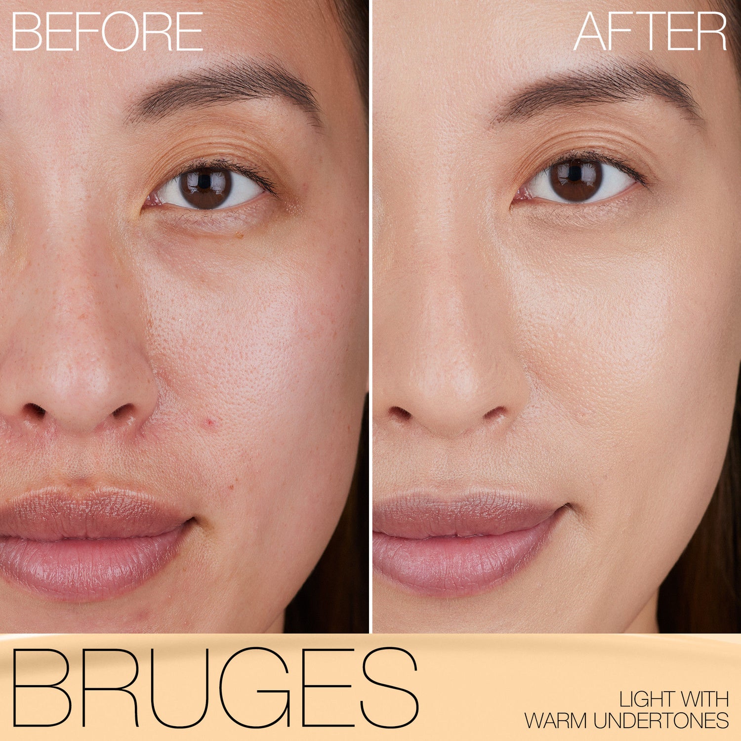 Before and after results of using Nars Light Reflecting Foundation variant: Bruges L3.75