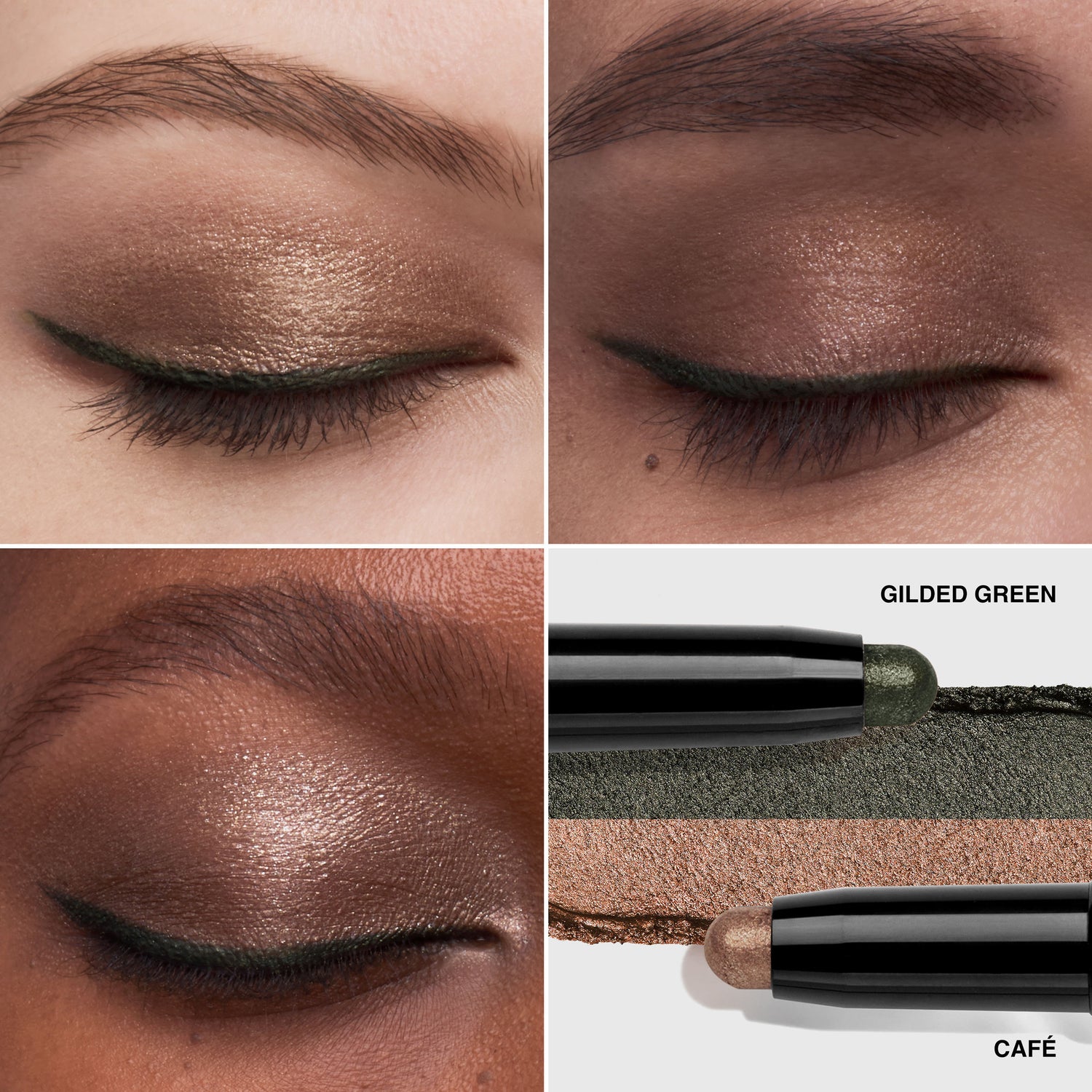 Model image of Bobbi Brown Dual-Ended Long-Wear Waterproof Cream Eyeshadow Stick variant: Café / Gilded Green