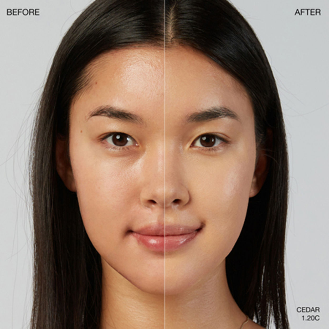 Before and after results of using Ogee Sculpted Complexion Stick variant: Cedar 1.20C
