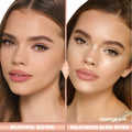 Before and after results of using Charlotte Tilbury Champagne Glow variant: Champagne Glow