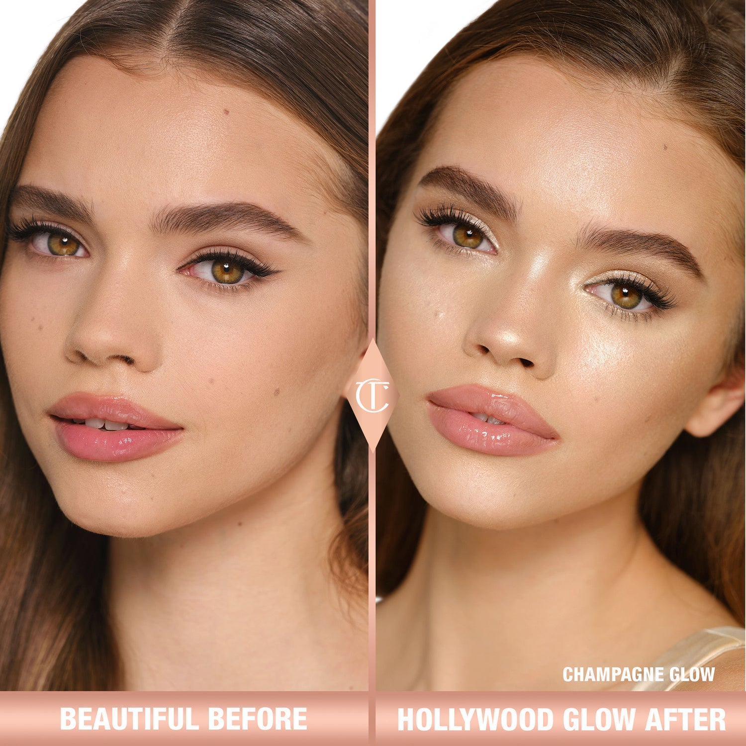 Before and after results of using Charlotte Tilbury Champagne Glow variant: Champagne Glow