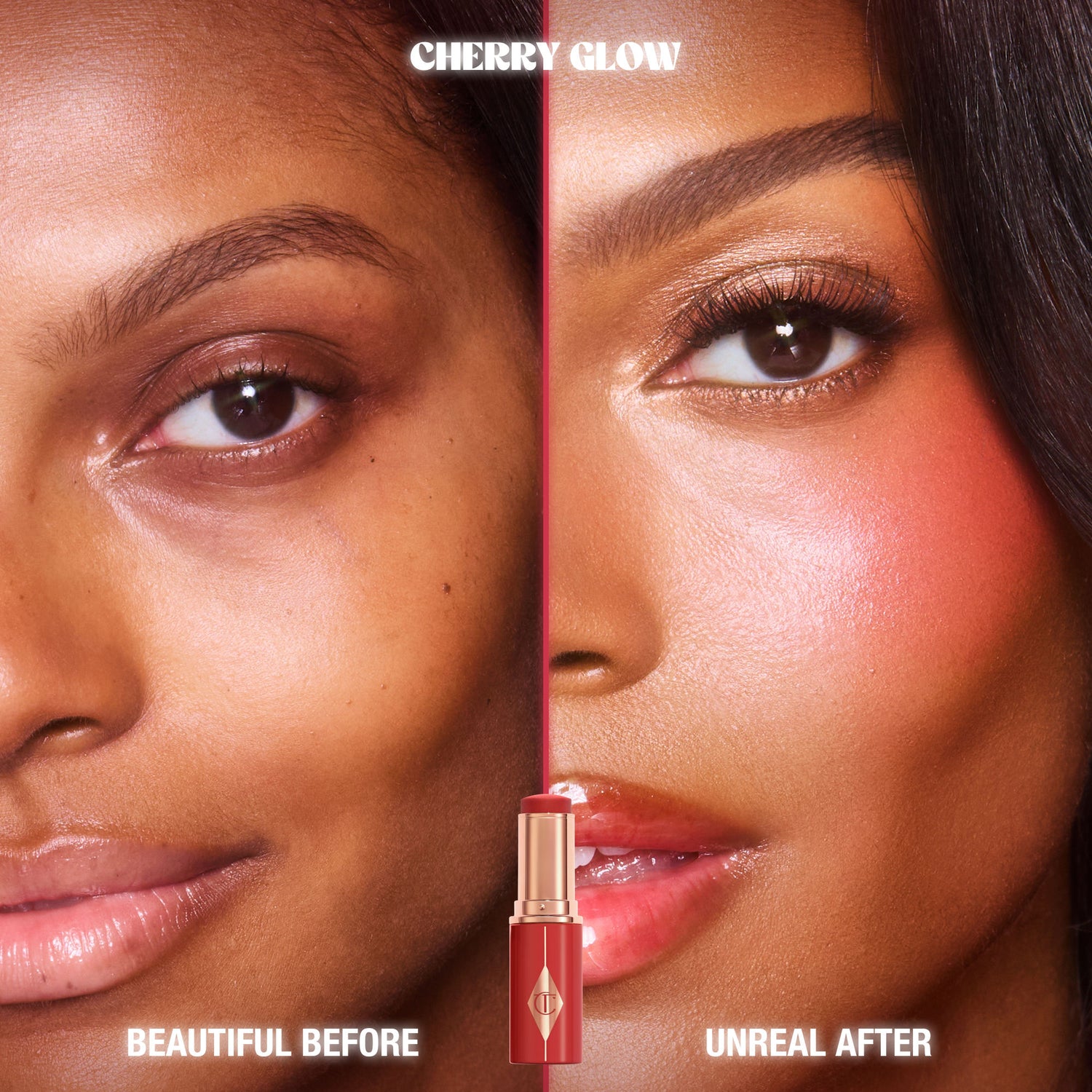 Before and after results of using Charlotte Tilbury Unreal Lip + Cheek Glow Blush Stick with Hyaluronic Acid variant: Cherry Glow
