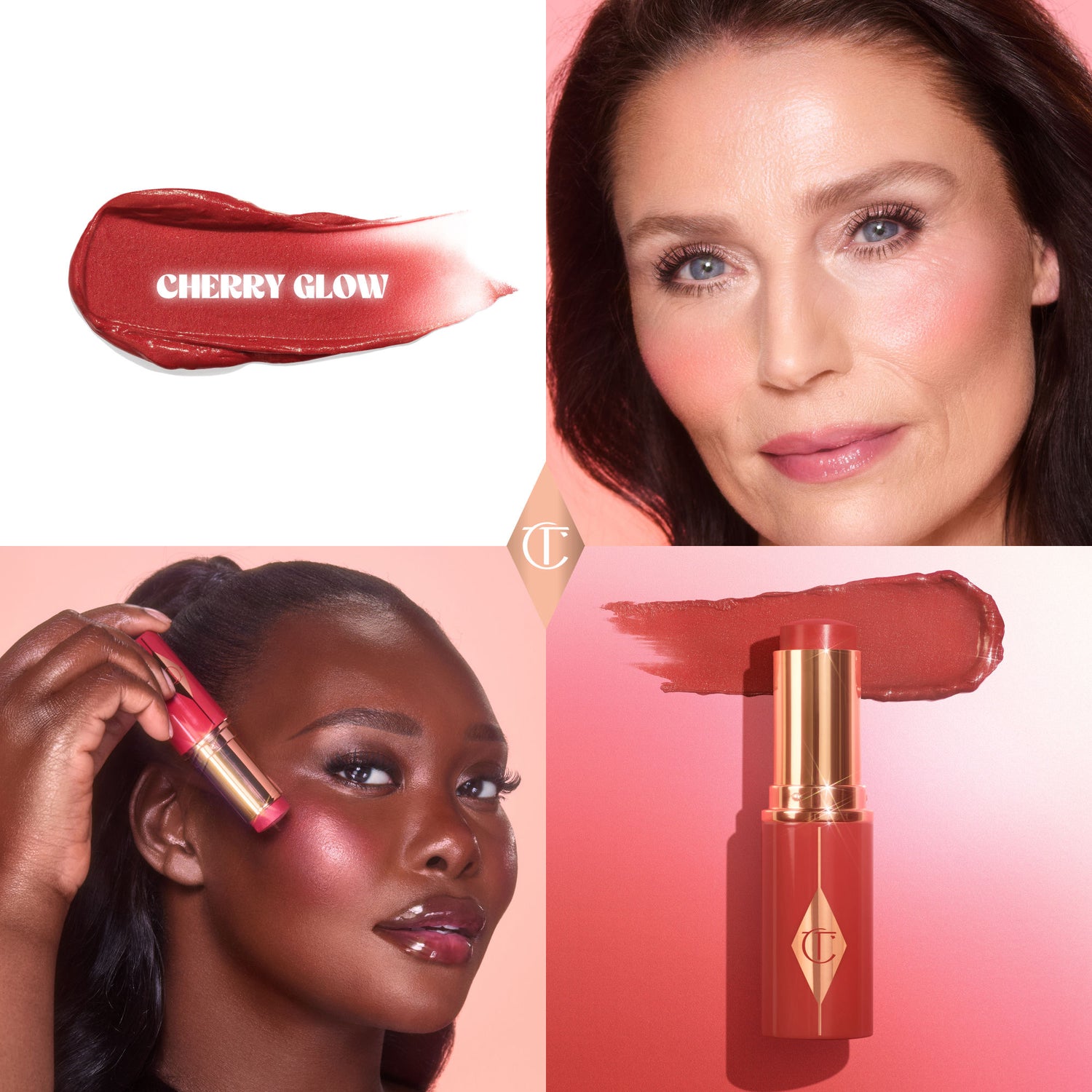 Model image of Charlotte Tilbury Unreal Lip + Cheek Glow Blush Stick with Hyaluronic Acid variant: Cherry Glow
