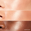 Three close-up views of skin showcasing Bobbi Brown Highlighting Powder in different shimmering shades, with the bottom shade labeled Chestnut Glow.