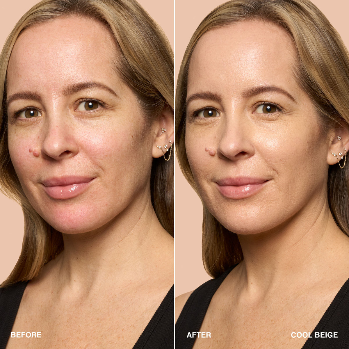 Side-by-side comparison of a woman’s face before and after applying Bobbi Brown Weightless Skin Foundation SPF 15 in Cool Beige, showing a more even skin tone that minimizes pores and provides 24-hour moisture.