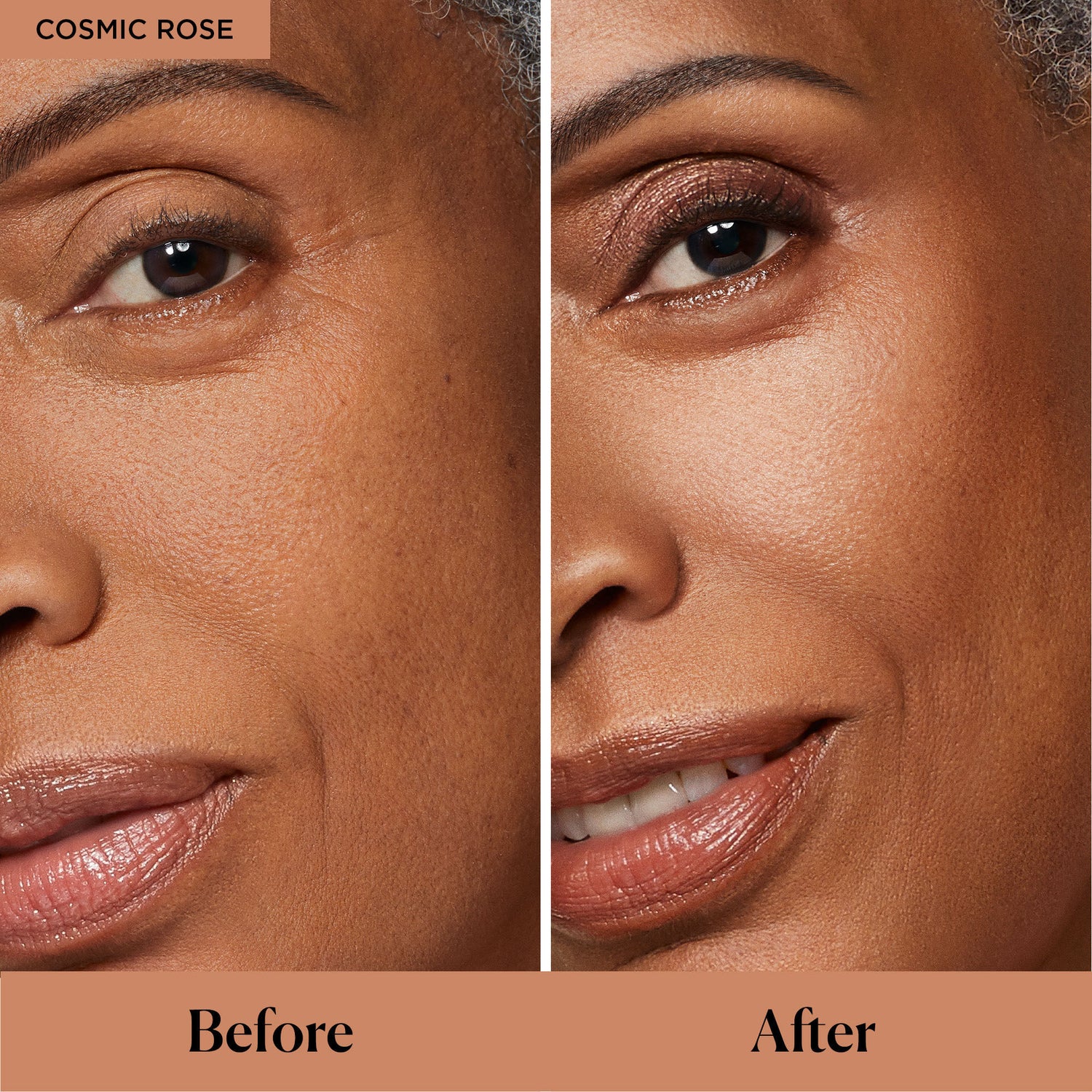 Before and after results of using Laura Mercier Translucent Loose Setting Powder Light Catcher variant: Cosmic Rose