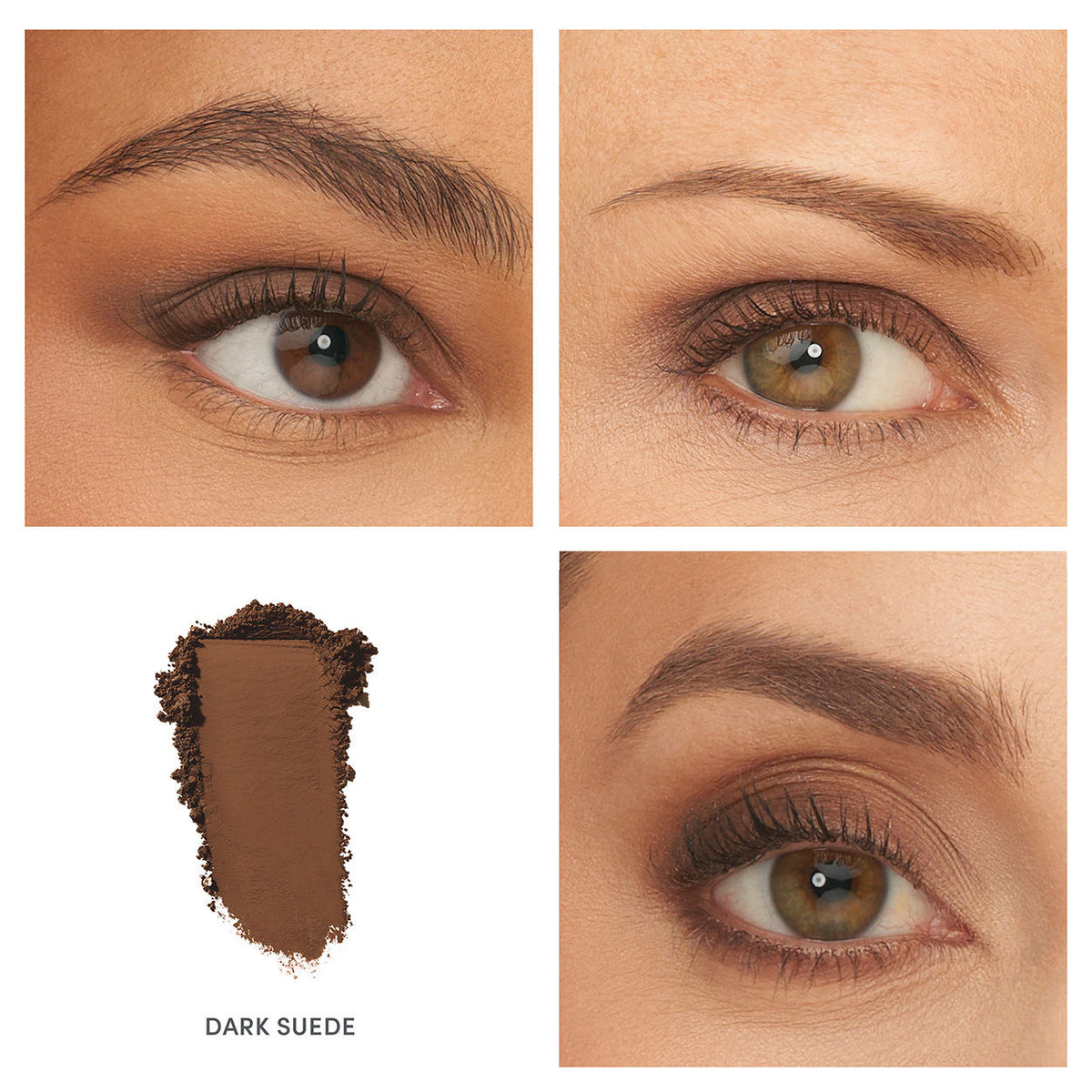 Three close-up photos of eyes wearing brown neutral matte PurePressed Eye Shadow and a swatch of dark brown powder labeled Dark Suede.