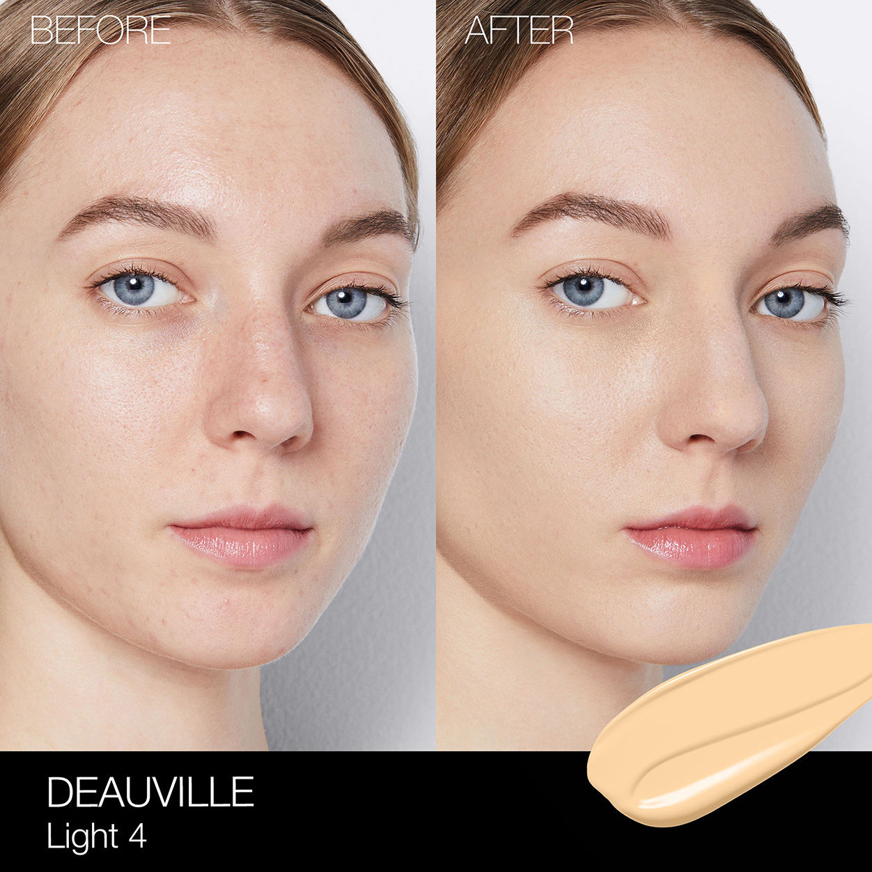 Before and after results of using Nars Light Reflecting Foundation variant: Deauville L4
