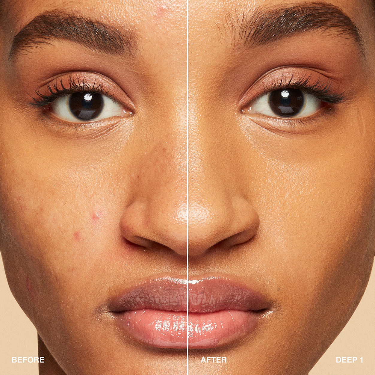 Before and after results of using Bobbi Brown Vitamin Enriched Hydrating Skin Tint SPF 15 with Hyaluronic Acid variant: Deep 1