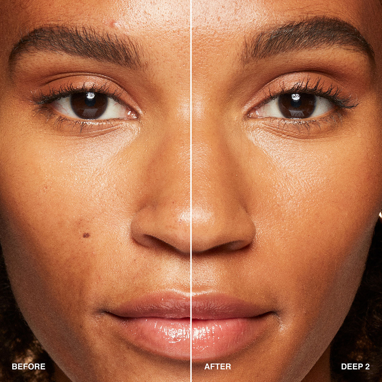 Before and after results of using Bobbi Brown Vitamin Enriched Hydrating Skin Tint SPF 15 with Hyaluronic Acid variant: Deep 2