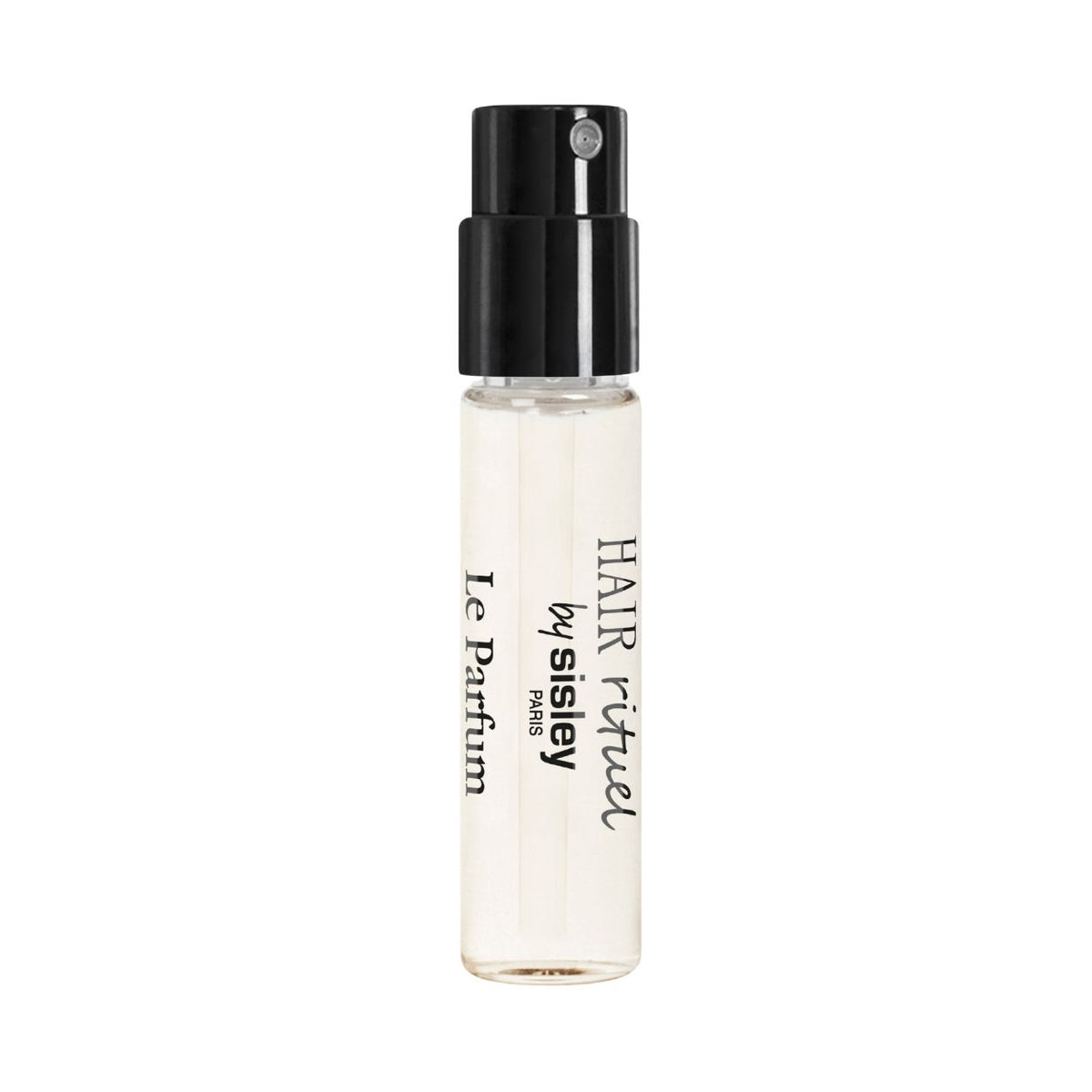 Small glass 0.06 fl oz Sisley Paris Le Parfum Packette Sample vial with a black spray cap and text reading Hair Rituel by Sisley Paris Le Parfum.