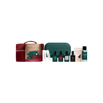 A Manucurist Xtrem Flash Gel Nail Polish Routine Set including a zippered storage case, a gift box, two nail files, three bottles of gel polish, a bottle of remover, and a small box of nail clips.