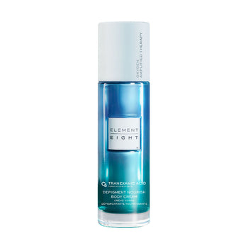 A cylindrical Element Eight O2 Tranexamic Acid Depigment Nourish Body Cream pump bottle with a white cap and a blue-to-clear gradient base, featuring a white label designed to hydrate skin and support an even skin tone with Tranexamic Acid.