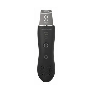 Black Cryo Thermo Ultrasonic Pore Extractor handheld facial skin spatula with a metal blade labeled Extract and Infuse, featuring function settings for Warm, Peeling, Lift, and Cool.