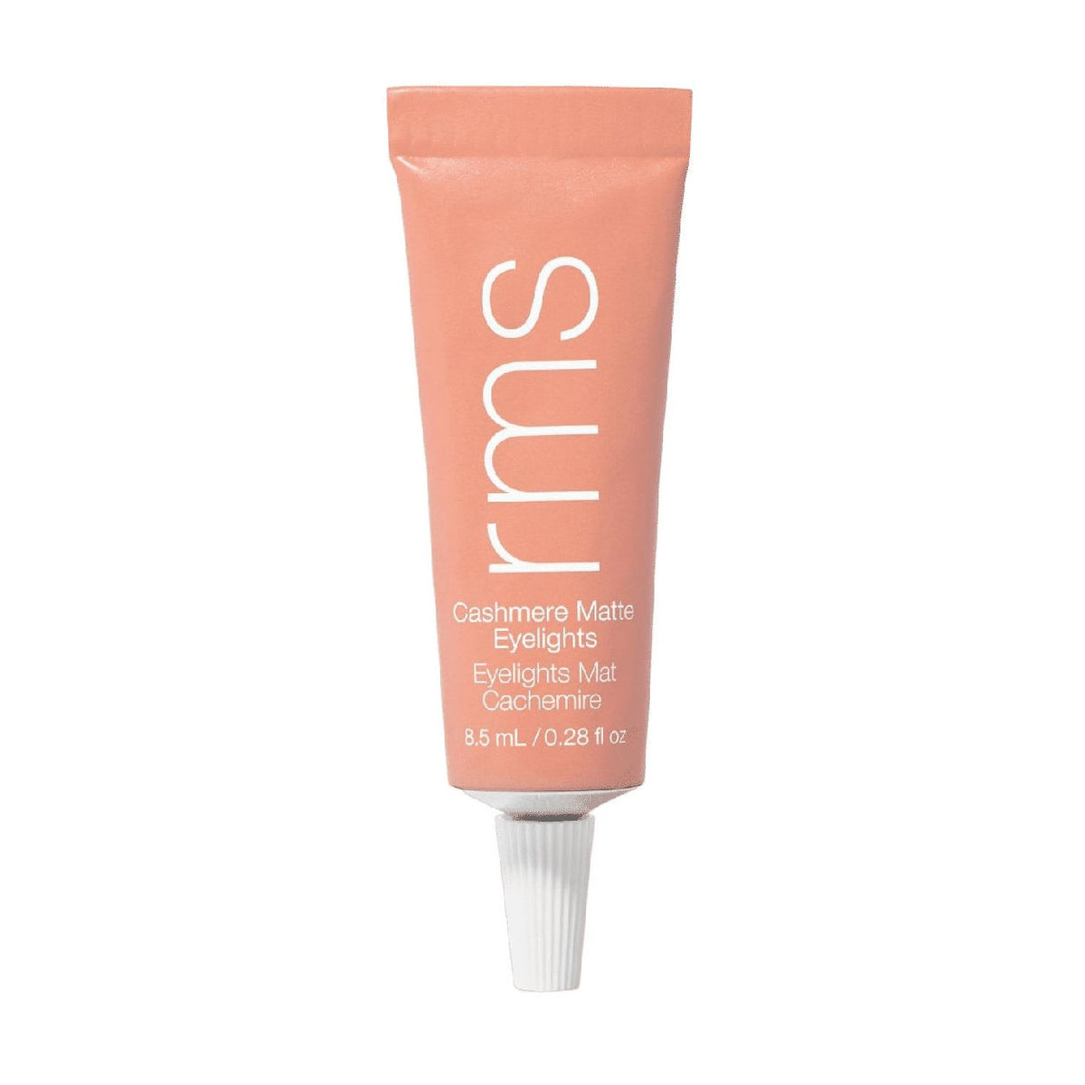 Peach-colored squeeze tube of RMS Beauty Cashmere Matte Eyelights nourishing matte cream eyeshadow with white text displaying the brand and product name.