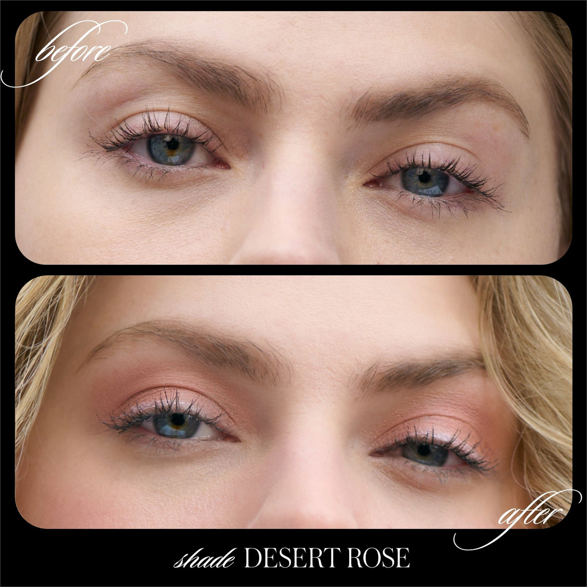 Before and after comparison of eyes with and without Desert Rose Cashmere Matte Eyelights creaseproof, matte cream eyeshadow.