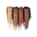 Four vertical eyeshadow swatches of the Lune+Aster Eyeshadow Quad ranging from light beige to dark brown, featuring a mix of matte and shimmer finishes for beautiful looks.
