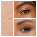 A textured swatch of metallic beige ColorLuxe Eye Shadow Stick next to two close-ups of eyes wearing the Gatsby lid shade, one paired with an Americano crease and outer corner.
