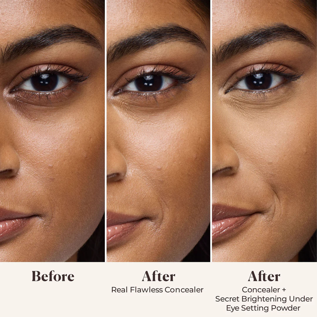 Before and after results of using Laura Mercier Secret Brightening Color Correcting Under Eye Setting Powder variant: Golden