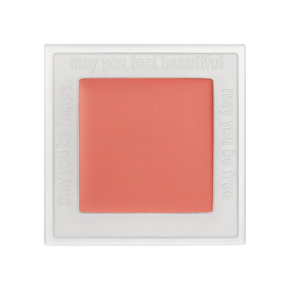 Square Neen Going Rouge Cream Cheek and Lip compact containing a pan of coral cream, with the phrases may you feel beautiful, may you be happy, and may you be free embossed on the frame.