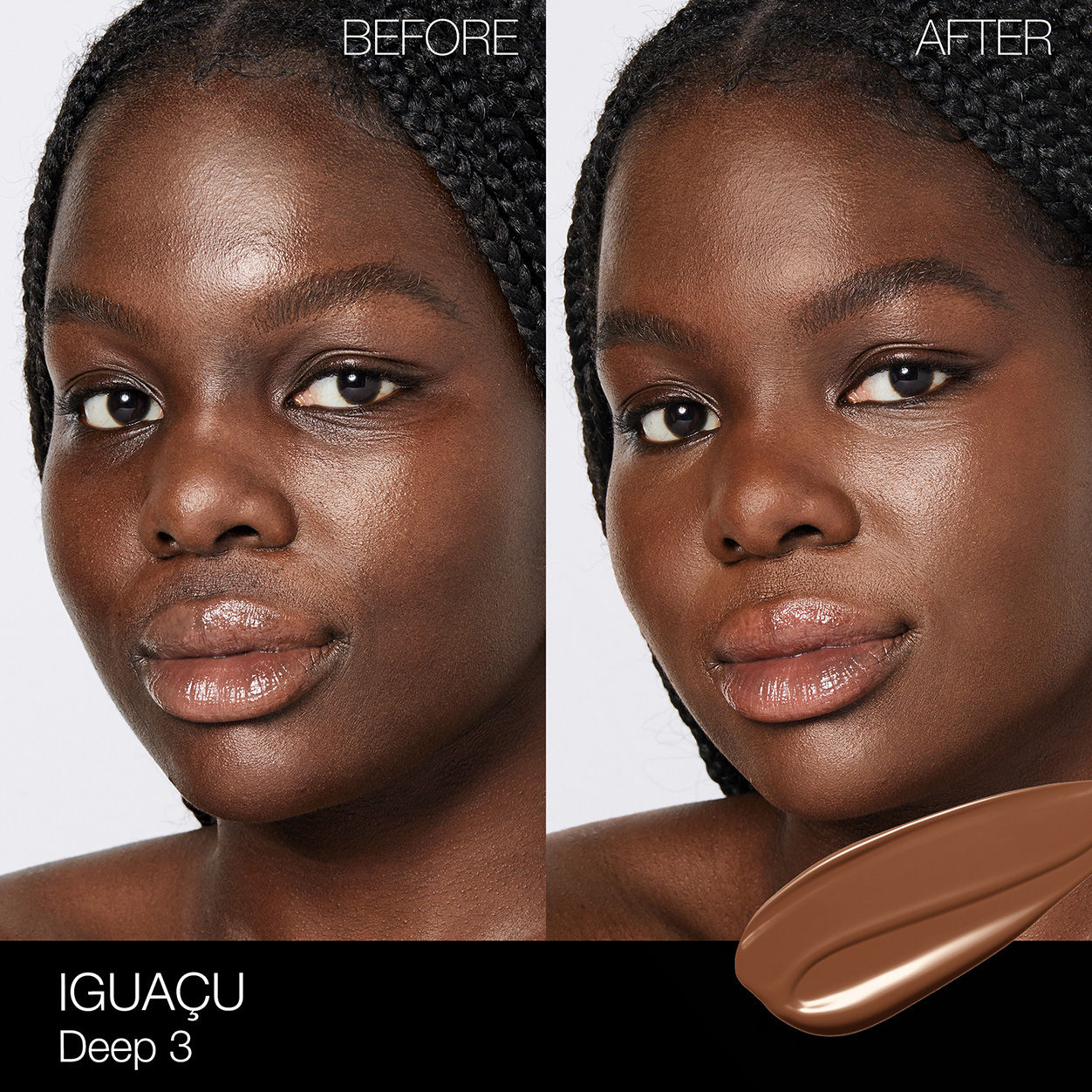 Before and after results of using Nars Light Reflecting Foundation variant: Iguaçu D3