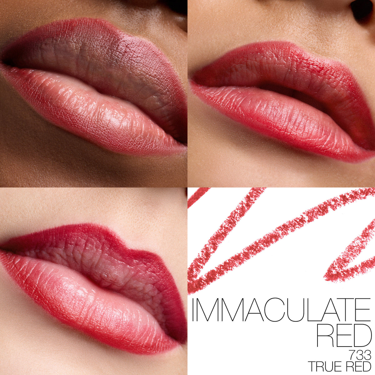 Three close-up photos of lips wearing creamy Nars Lip Liner, with a swatch of the velvet matte pencil shown next to the text IMMACULATE RED 733 TRUE RED.