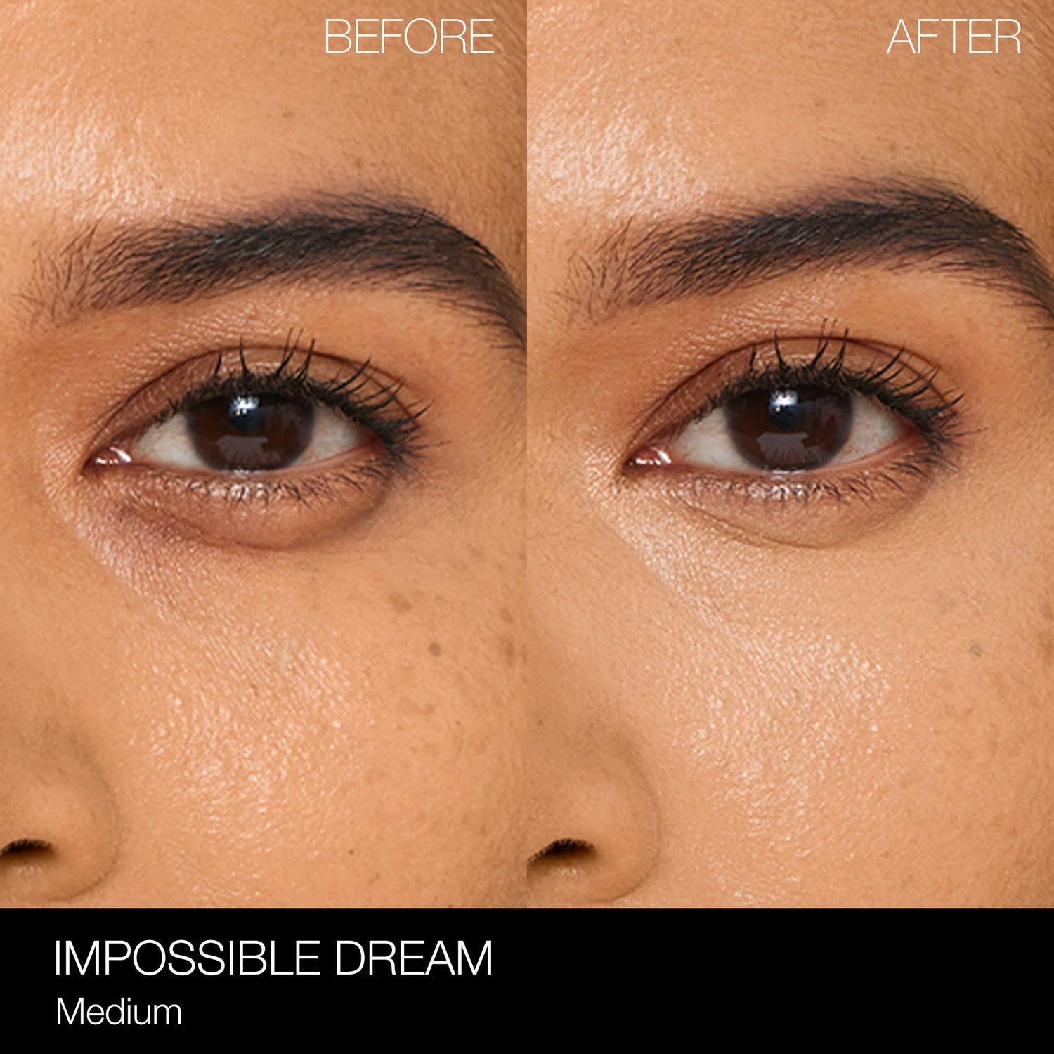 Before and after results of using Nars Light Reflecting Eye Brightener variant: Impossible Dream