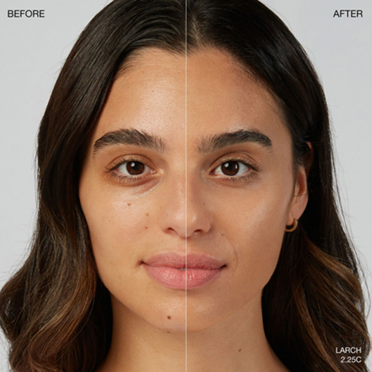 Before and after results of using Ogee Sculpted Complexion Stick variant: Larch 2.25C