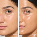 A split-screen comparison of a person’s face before and after applying Jane Iredale Glow Fixation SPF 40 Sheer Tint Skin Enhancer with Squalane & Niacinamide, showing a dewy, radiant finish on the right.